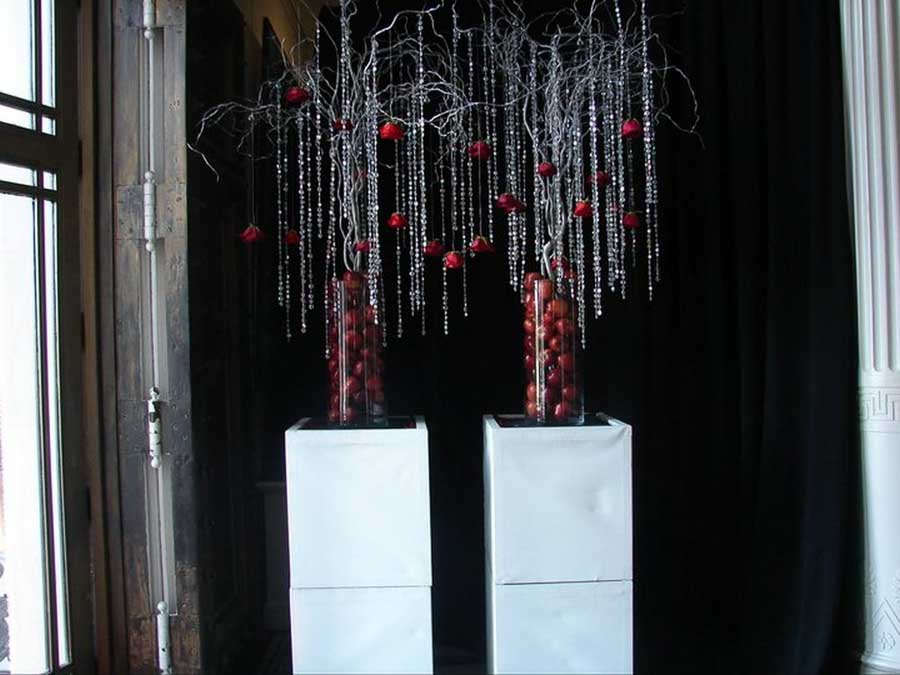 130 Red Black Sultry Winter Wonderland Ice Crystals Urban Earth Holiday Installation Red Apples Roses Silver Branches Crystal Strands