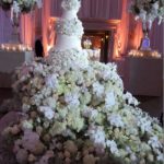 36 Luxe Wedding Floral Cake Table Skirt White Peonies Rose Phaleanopsis Orchid Hydrangea Urban Earth Wedding
