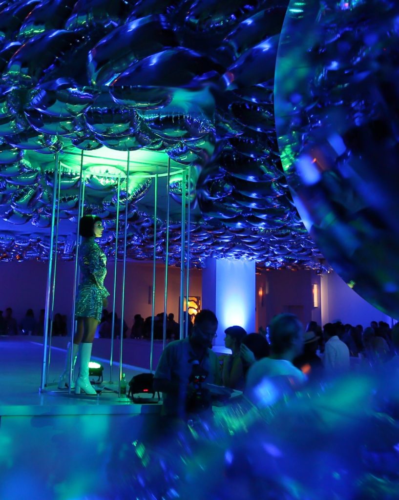 18 Dli Wider Disco Theme Event Decor Gogo Dancer Cage Mirror Balls Silver Mylar Balloons At Mardi Gras World For Absolut Vodka &amp; Where Y'at Magazine Tales Of The Cocktail Nola