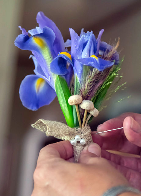 Bayou Theme Boutonniere Blue Iris, Fountain Grass, Swanp Buttons & Burlap Ribbon Opt 85kb
