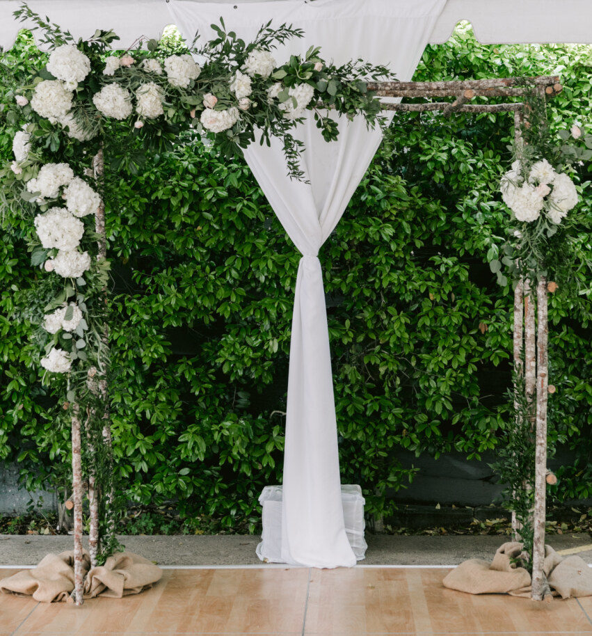 Birch Trellis Wedding Arch Rental With White Flowers And Greenery New Orleans Event Rentals Jacqueline Dallimore Photography Ec2426 