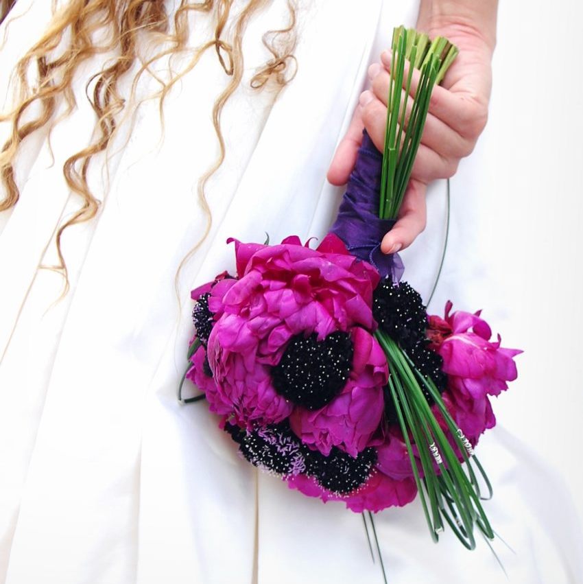 Bold Hot Pink Peonies, Burgundy Scabiosa And Hand Tied Roundy Moundy Pave Bouquet With Dark Purple Ribbon