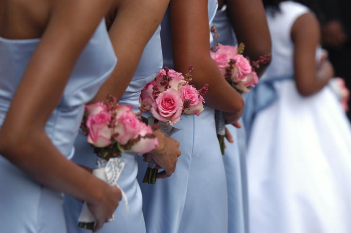Bridesmaids Bouquets Of Pink Bi Color Roses And Sky Blue Lavender Dresses