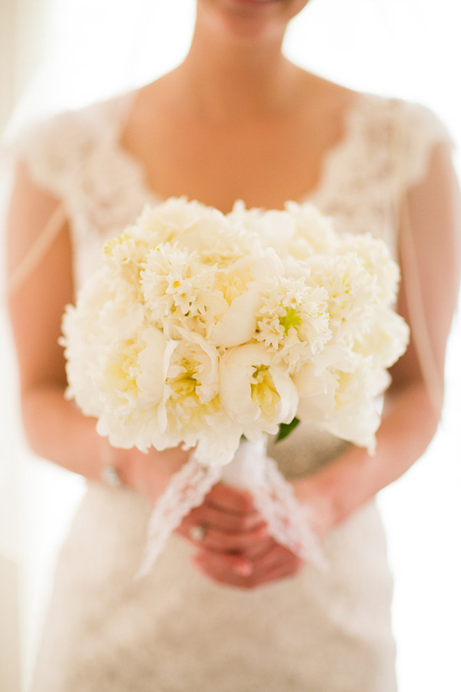 Clean And Bold Modern White Fragrant Wedding Bouquet Of Peonies And Hyacinths