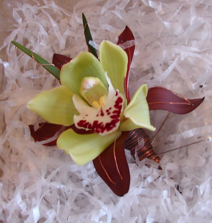 Creative Green Cymbidium Orchid Boutonniere With Safari Sunset Burgundy Leaf Copper Wire Creative Green Cymbidium Orchid Boutonniere With Safari Sunset Burgundy Leaf Copper Wire