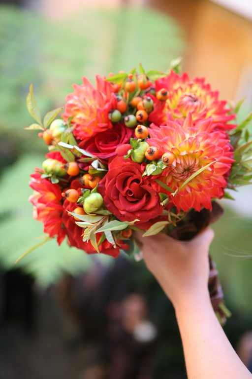 Dahlia Rose Hip Nandina Hand Tied Pave Fall Wedding Bouquet