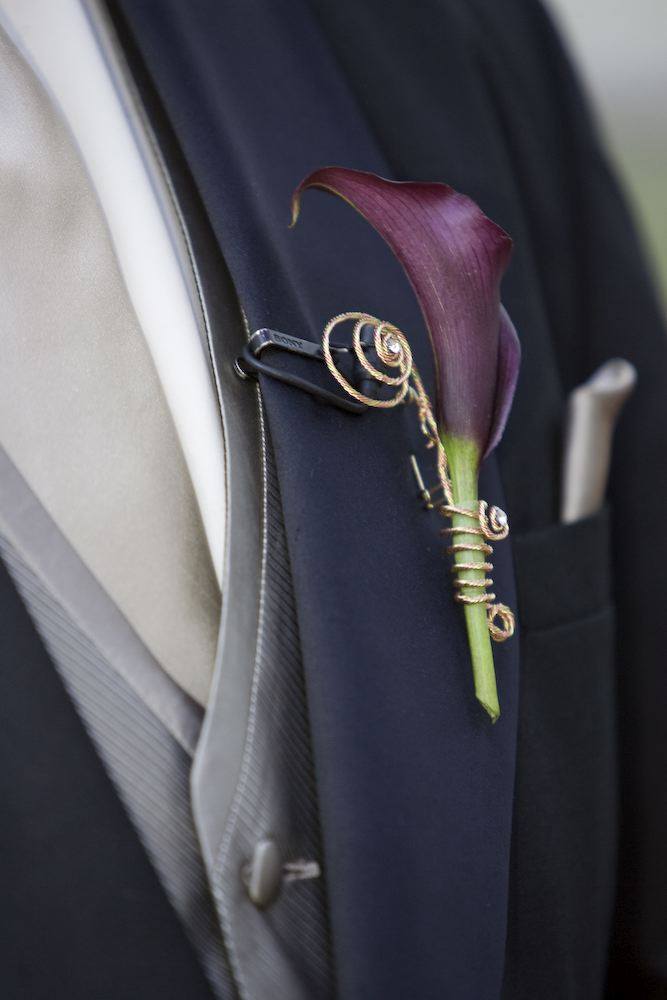 Eggplant Mini Calla Lily Sophisticated Bling Boutonniere With Gold & Silver Spun Jewelers Wire 50kb