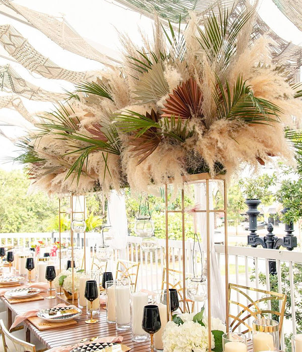 Elevated Table Runner Arrangement With Pampas Grass Fan Palms & Votive Candles Extravagant Events Img 1613crp Edit Spring Opt