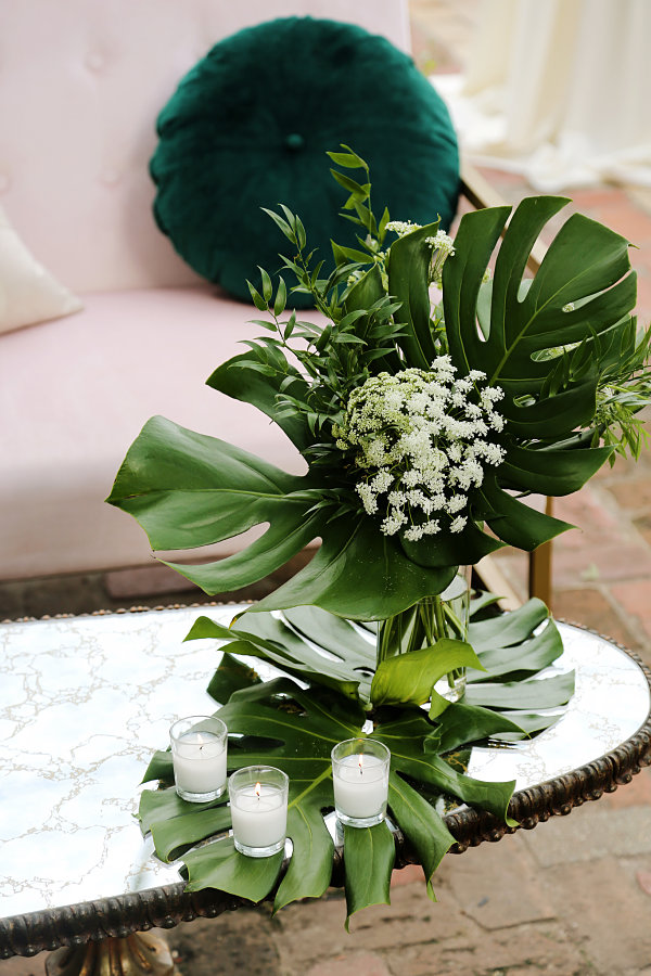 Fresh Modern Simple Cocktail Table Flower Arrangement With Large Tropical Leaves 0s0a1950 Opt