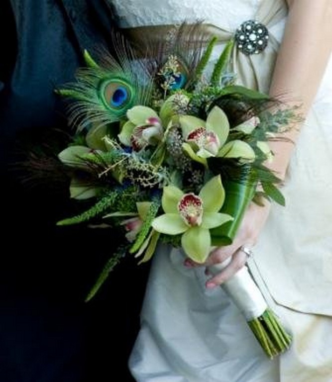 Green Cym Peacock Feather Bridal Bouquet 