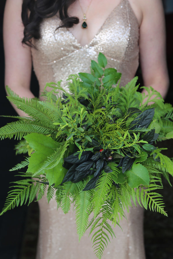 Green And Black Foliage Wedding Bouquet With Black Peppers