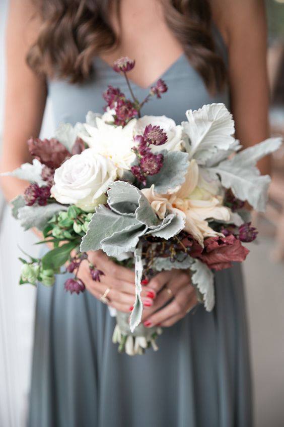 Hand Tied Autumn Wedding Bouquet Of Marsala & Grey Tones