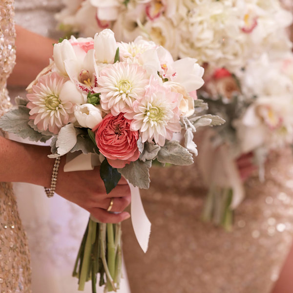 Luxe Glam Rose Quartz Wedding Bouquet Of Blush Dahlias Tulips Cymbidium Orchids & Dusty Miller Opt