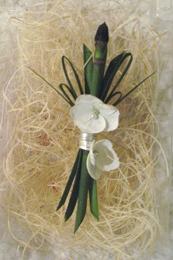 Modern Chic Boutonniere Of Equisetum, Lily Grass, And White Hydrangea Blossom Modern Chic Boutonniere Of Equisetum, Lily Grass, And White Hydrangea Blossom