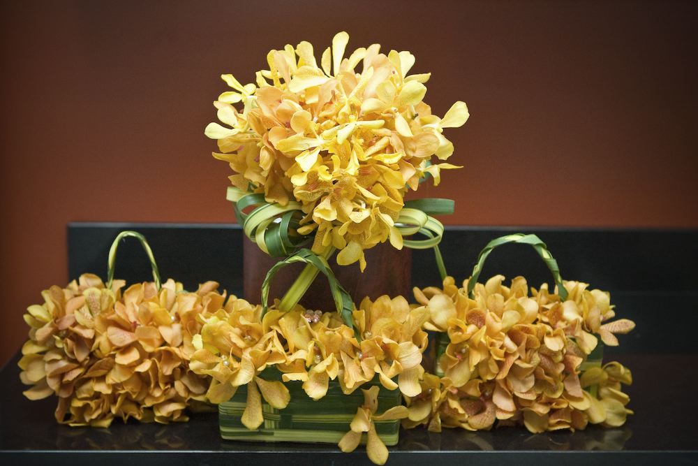 Modern Classic Round Yellow Orchid Bouquet With Floral Purses For Great Alternative To Bouquets