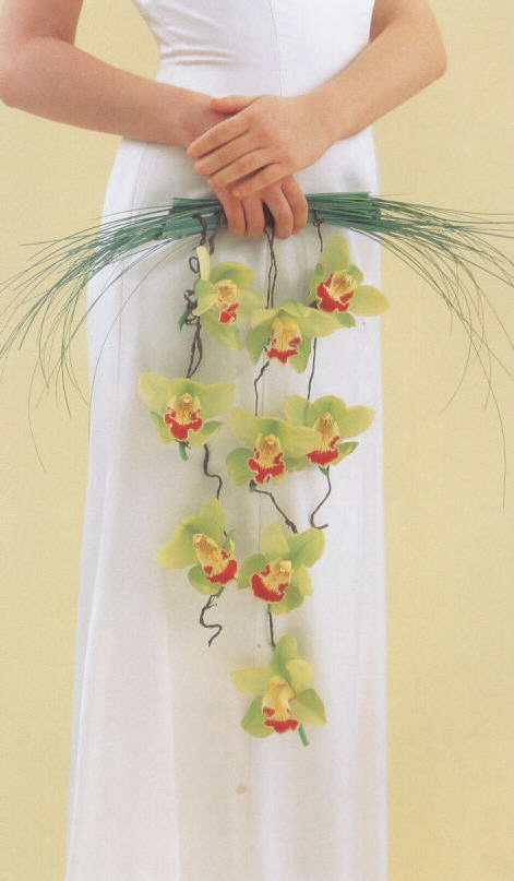 Orchid Wedding Alternative Modern Bouquet Of Suspended Cymbidium Orchids & Bear Grass With Bark Wire