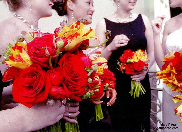 Romantic & Bold Hand Tied Bouquet Of Red & Yellow Parrot Tulips & Roses