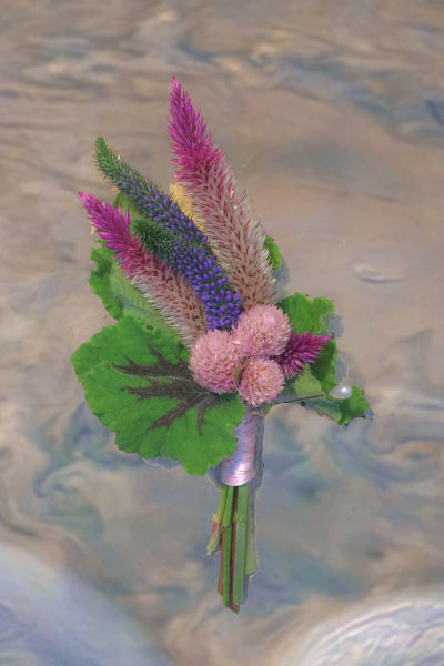 Seasonal Summer Flower Boutonnire Pink Flamingo Celosia & Gomphrena With Lavender Veronica Opt 36kb