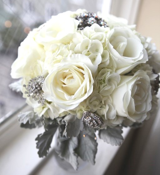 Traditional Formal Bright White Grey Broach Bridal Bouquet Sq 50kb