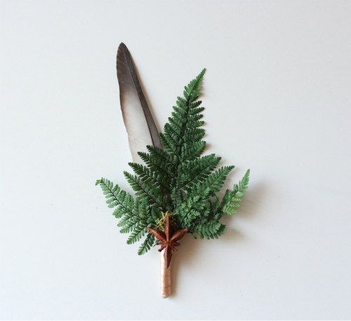 Black And Grey Feather & Forest Green Fern Boutonniere