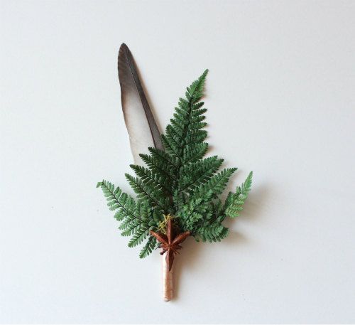 Black And Grey Feather & Forest Green Fern Boutonniere Black And Grey Feather & Forest Green Fern Boutonniere