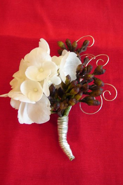 Formal White Hydrangea With Eucalyptus Berries Boutonniere Formal White Hydrangea With Eucalyptus Berries Boutonniere