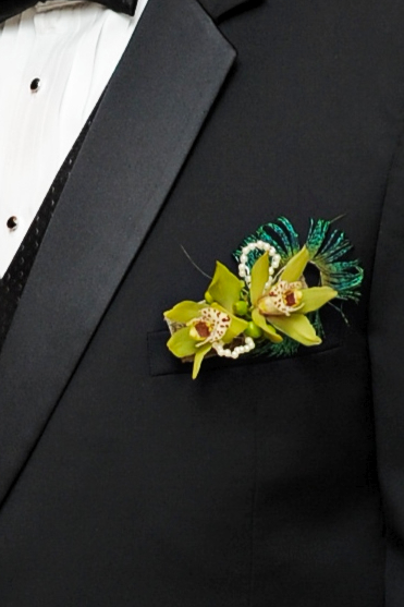 Green Mini Cymbidium Orchid With Peacock Feather Pocket Square Green Mini Cymbidium Orchid With Peacock Feather Pocket Square