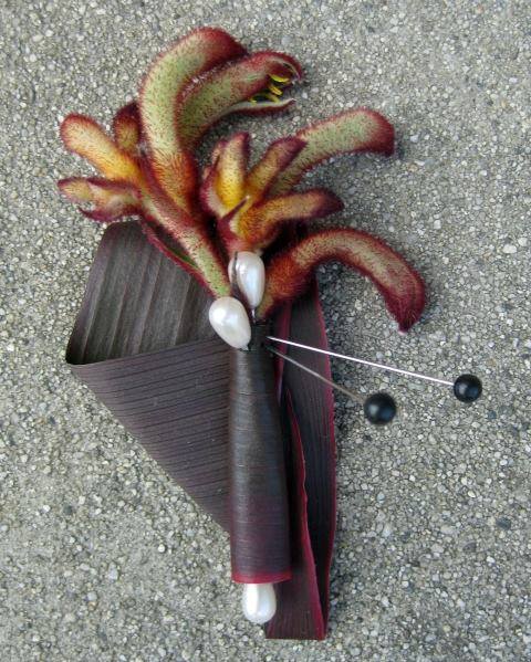 Non Traditional Burgundy Leaf With Rust Kangaroo Paw Boutonniere
