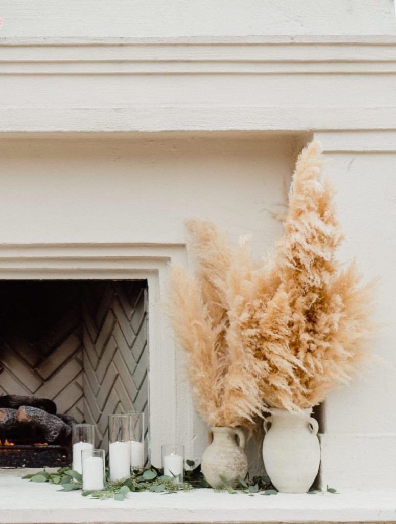 Pillar Candles With Pampass Grass And White Olive Jars