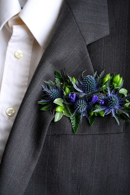 Pocket Square Of Blue Thistle & Green Hypericum Berries 85kb
