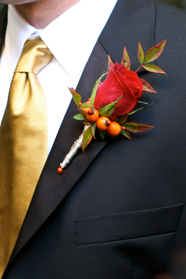 Red Rose With Nandina & Rose Hips Berry With Fall Foliage Boutonniere Pt