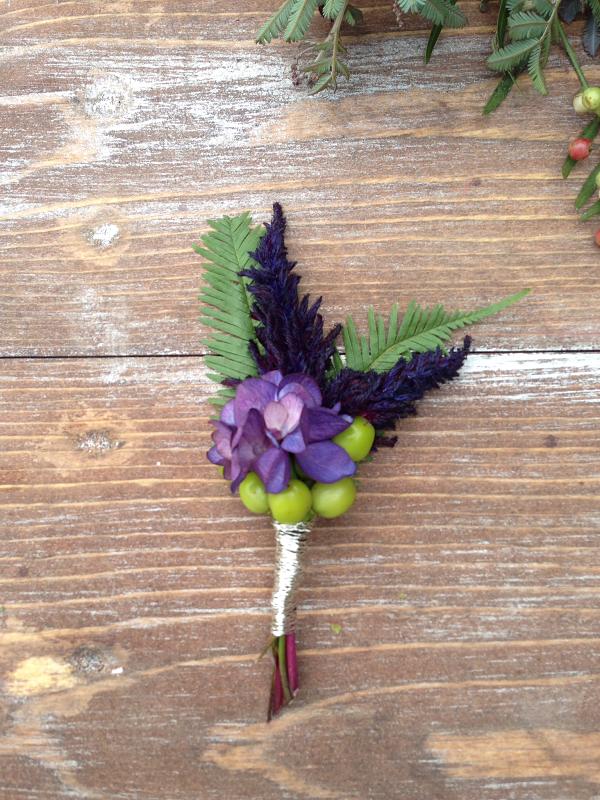 Simple Purple Hydrangea Feather Celosia With Green Berries Boutonniere Opt Simple Purple Hydrangea Feather Celosia With Green Berries Boutonniere Opt