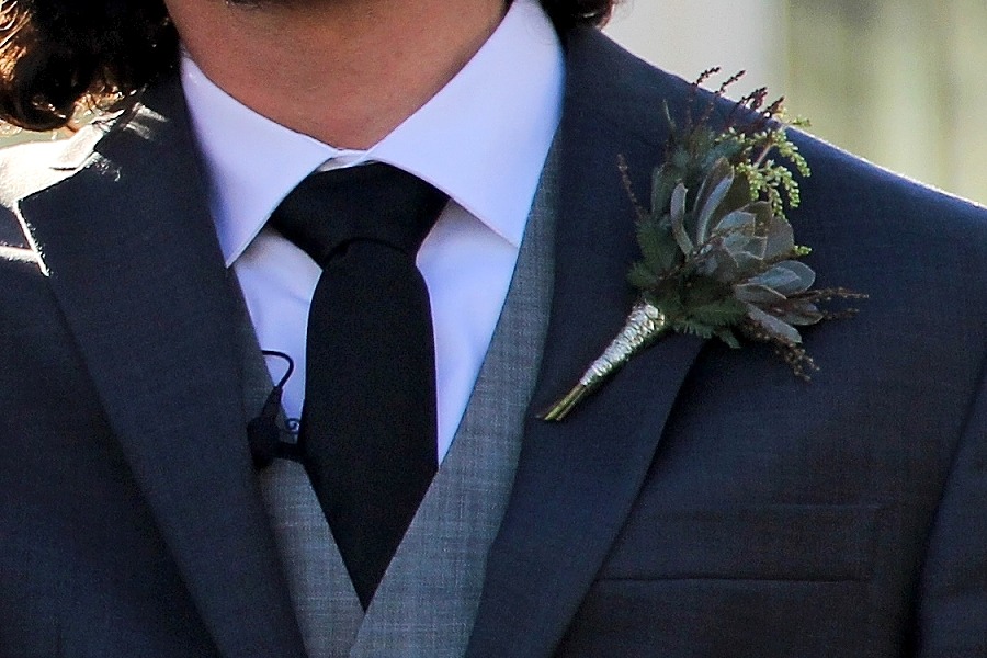 Stylish Succulent Boutonniere With Purple Feather Acacia Greenery