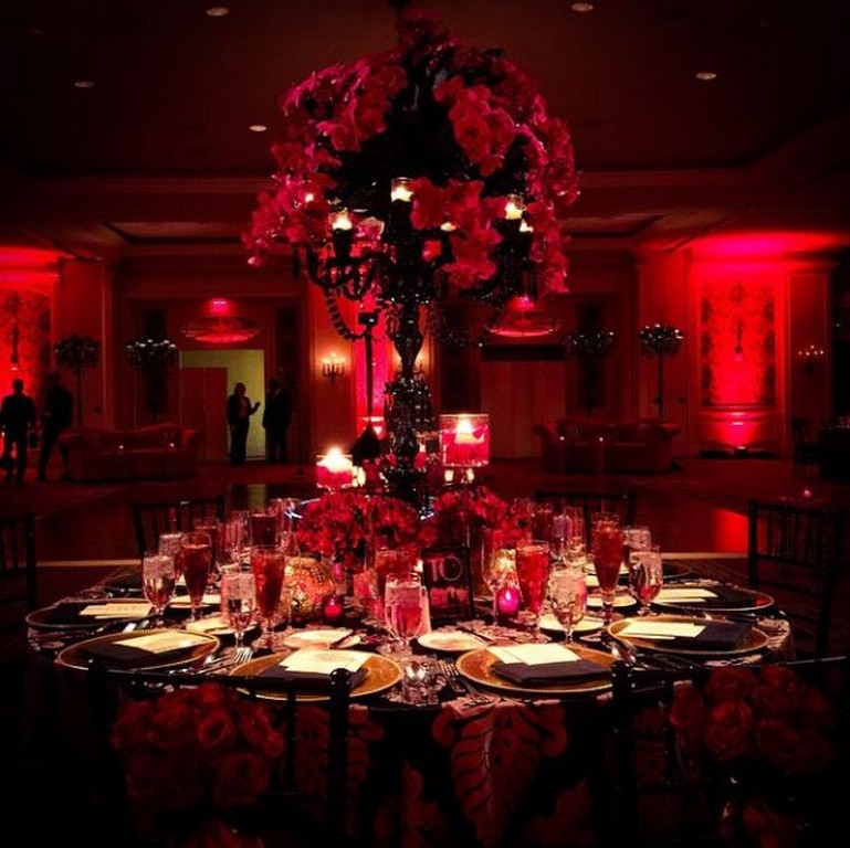 15 Luxe Decadent Wedding New Orleans I Black Glass Candelabra I Lush Elevated Table Centerpiece I Ritz Carlton New Orleans I Red Phalaenopsis Orchid Black Ti Leaves