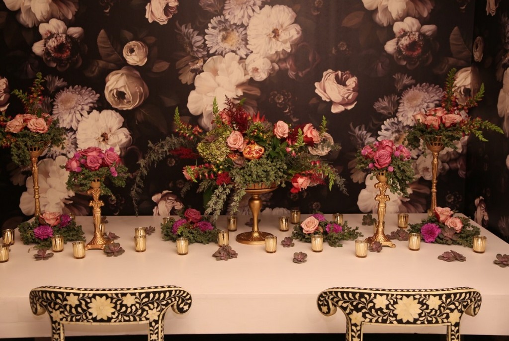 20 White Kings Dining Parsons Table I Art Deco Rose Gold I Flower Arrangements I Il Mercato Nola I Dark Luxe Bacanal I Jeff Pounds Photo
