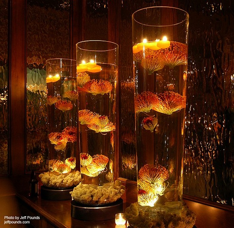 97 Floating Candle Flower Arrangement Mod Pin Cushion Protea On Light Base Urban Earth Floral Decor Design Studios