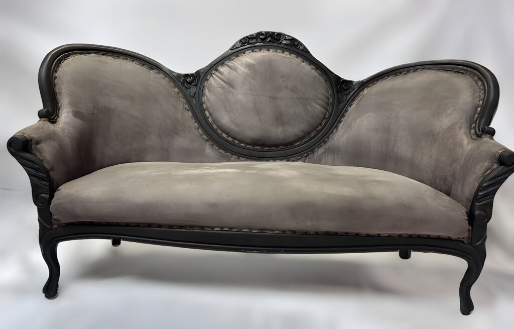 Ebony Antique Smoked Mushroom Suede Victorian Sofa 3 Ebony Antique Smoked Mushroom Suede Victorian Sofa 3