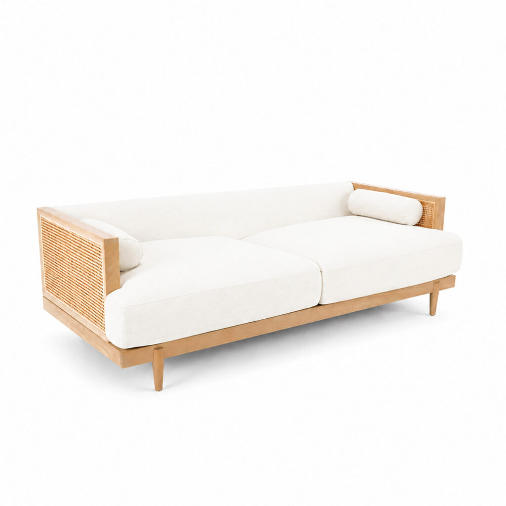 Sleek Profile Natural Cane Modern Rattan Overstuffed Lightwood Sofa Sq Edited