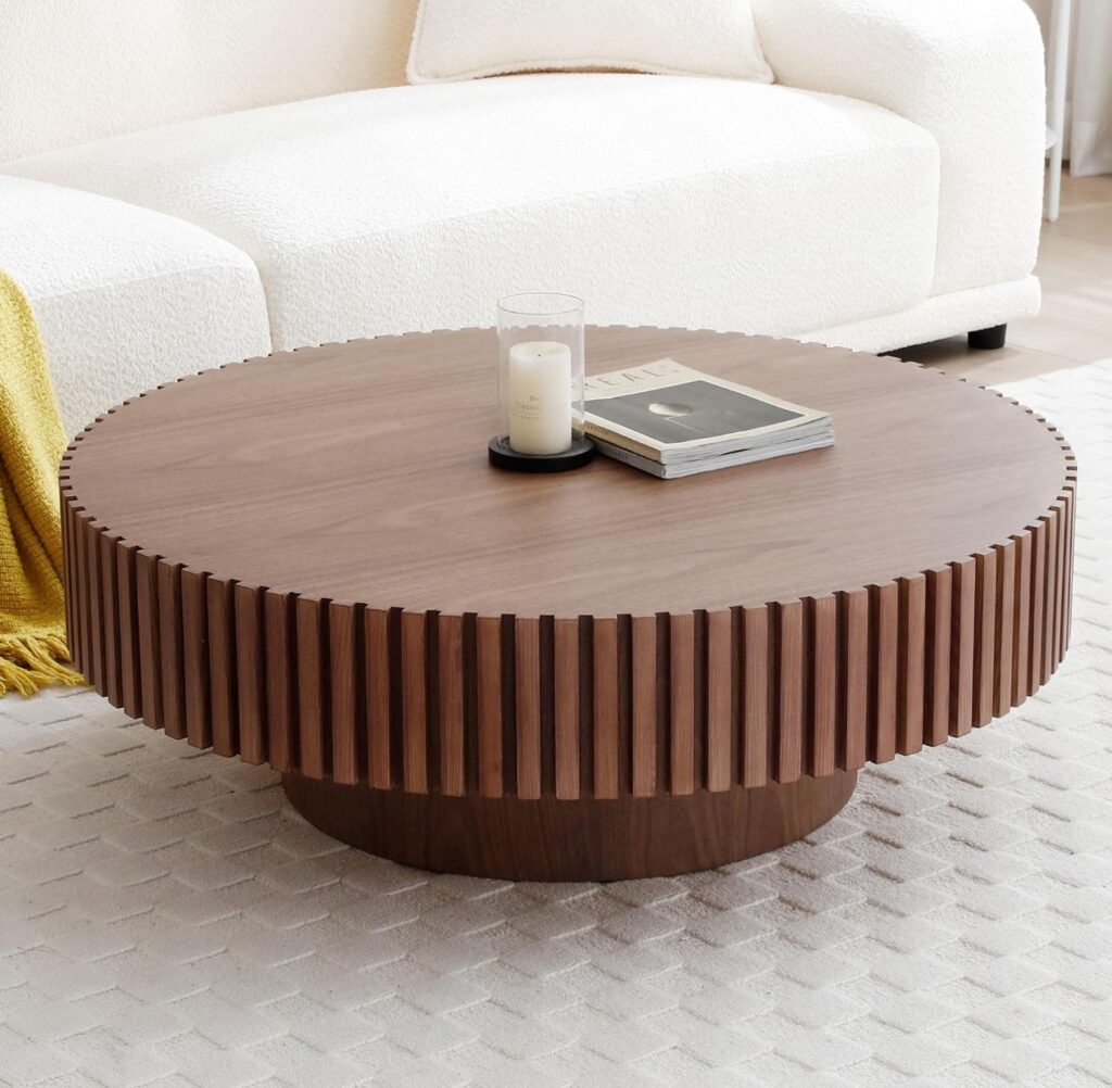 Round Wood Ribbed Mcm Contemporary Industrial Coffe Table Round Wood Ribbed Mcm Contemporary Industrial Coffe Table